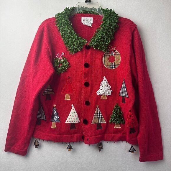 Just B Christmas Cardigan Sweater size L Embroidered Beaded Trees‎ Red Ramie - Picture 1 of 5